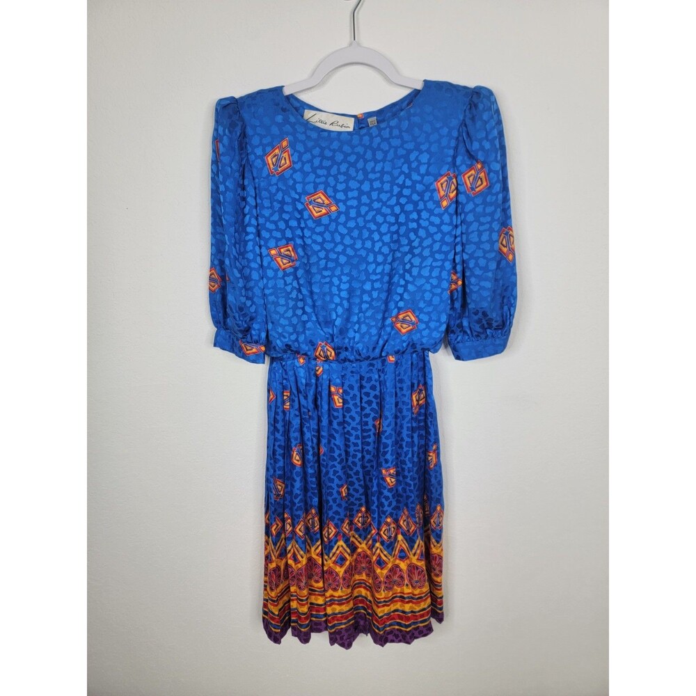 Vintage 80s Lillie Rubin Silk Dress Blue Red Size 4 Day Dress - Picture 3 of 17